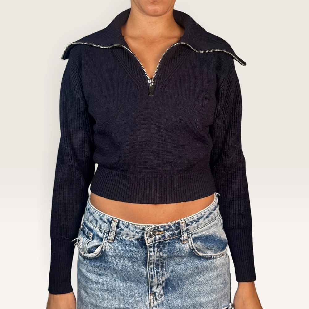 Zara Navy Cropped Quarter Zip Foldover Collar Sweater Small EUC Lounge Preppy